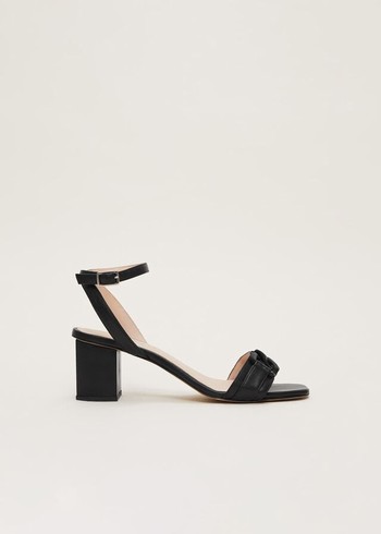 Phase Eight Black Leather Open Toe Block Heels Black Australia | PS4620785